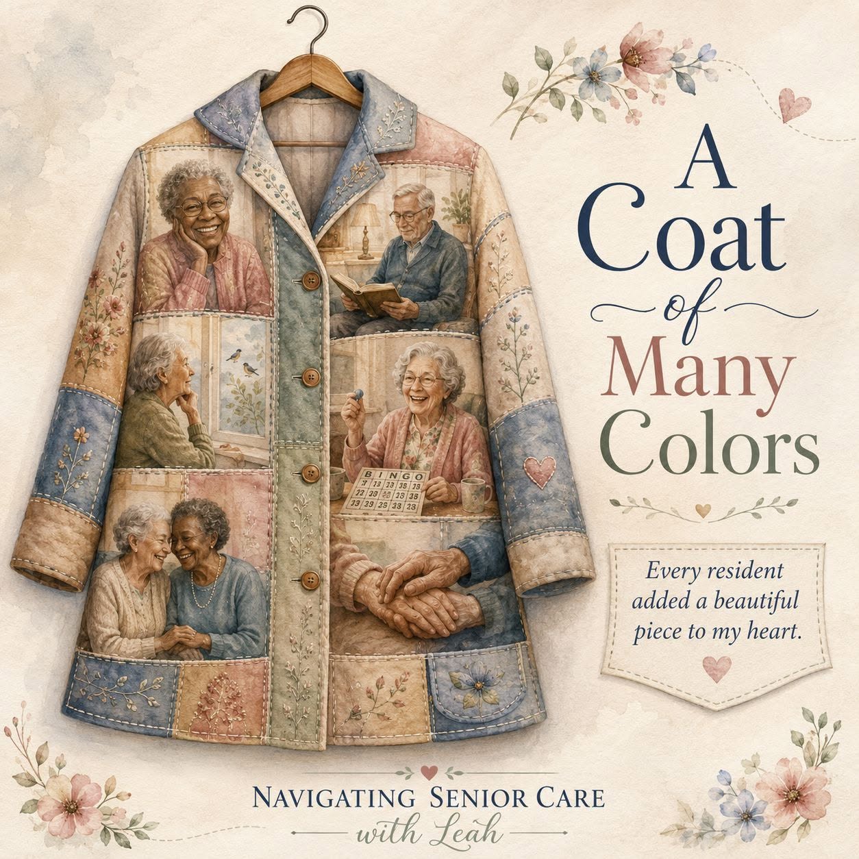 A watercolor coat made of patchwork portraits of senior residents
